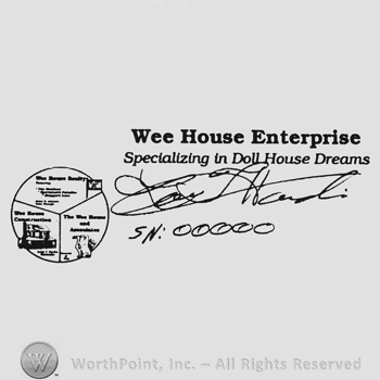 Bold writing Wee House Enterprises above Specializing in doll House Dreams above signature Hardin Louis above SN 00000 at the right of logo a circle divided inthree with writing and drawings inside