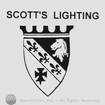Writing Scott's Lighting above Shield three fleur de lis middle upper half white horse on black background lower half Black flower on white background