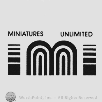 Capital writing Miniatures Unlimited above two doors made from curved lines between two intermittent lines
