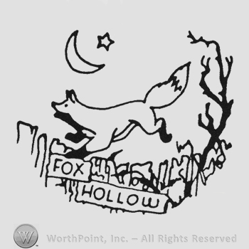 Moon and star up fox running middle tree to the right an labels writing Fox Hollow under