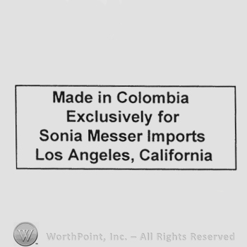 Label writing Made in Columbia exclusively for Sonia Messer Imports Los Angeles California