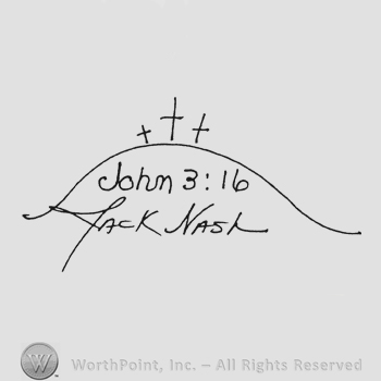 Handwriting John 3:16 up Jack Nash under curved line with three crosses above