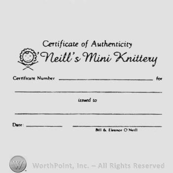 Certificate writing from top to bottom Certificate of Authenticity woman figurine with flower head Neill's Mini Knittery and lines beneath