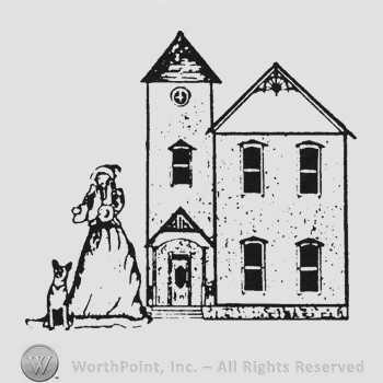 Woman and dog at left of a house