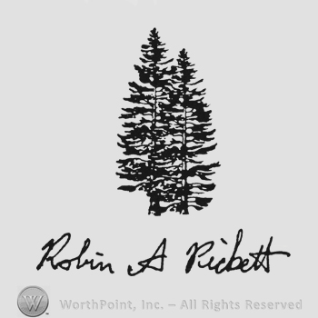 Two pine trees above handwriting Robin A Pickett