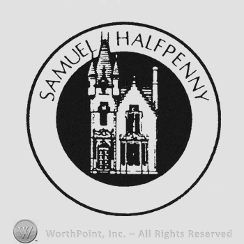 White house inside a black circle and curved writing Samuel Halfpenny above inside a circle