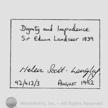 Label writing Dignity and Impudence Sir Edwin Landseer 1839 above Helen Scott Langley 42/412/3 august 1992