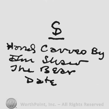 Handwriting from top to bottom capital S underlined hand carved by DON Shaw The Bear date