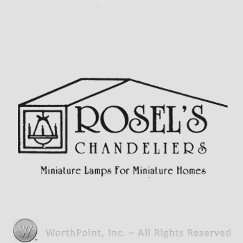 Capital writing Rosel's Chandeliers Chandelier to the left all under a house roof and beneath writing Miniature lamps for Miniature Homes Logo