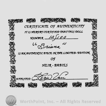 Label writing Certificate of authenticity it is hereby certified that this doll number 12/100 "Brianna" is an authentic piece in the limited edition of Heir-Babies attested signature Fern Vasi all inside a square frame made out of leafs