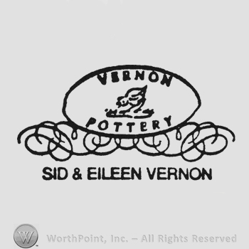 Curved writing Vernon up Pottery down chicken middle all inside an oval on top of curling lines and writing Sid & Eileen Vernon