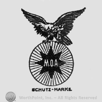Firm initials MOA inside eight-pointed star, on a coin with sunrays, eagle above, SCHULTZ - MARKE under