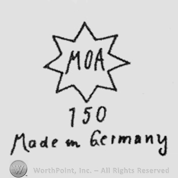 Firm initials MOA inside eight-pointed star, 150 under, writing made in Germany below
