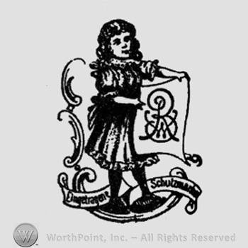 Doll holding paper with a monogram of initials R B W. Below doll, ribbon with writing