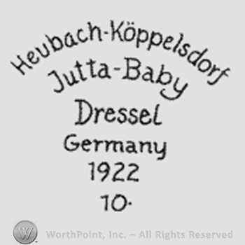 Writing italic letters Heubach-Koppelsdorf Jutta-Baby in two curved lines, Dressel, Germany, 1922, 10 written below in four lines