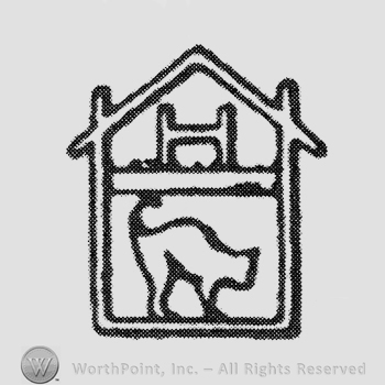 Image of a cottage, letter H on the upper floor, image of a cat below