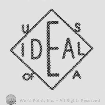 Capital word IDEAL inside a rhombus with large letter E. Of USA is written around