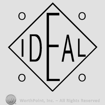 Capital word Ideal inside a rhombus with large letter E. Two dots above, two dots below the rhombus