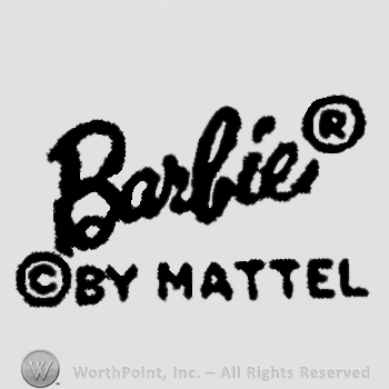 Word Barbie handwritten on a slanted line. R in a circle on the upper right side. C in a circle followed by By Mattel written below Barbie