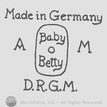 Baby o Better written on 3 rows inside a rectangle. Initials A and M on one side and the other. Made in Germany written above, D.R.G.M. written below