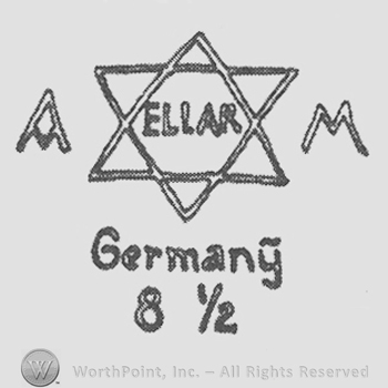 Six-pointed star, Ellar written in the middle. Initials A and M on one side and the other. Germany 8 1/2 written below