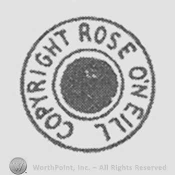 Curved writings around a black circle: Copyright Rose O'Neill