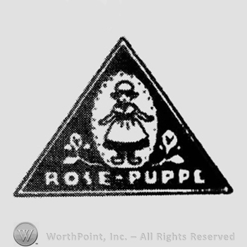 Doll inside an oval. Writing below: Rose-Puppe, all inside a triangle