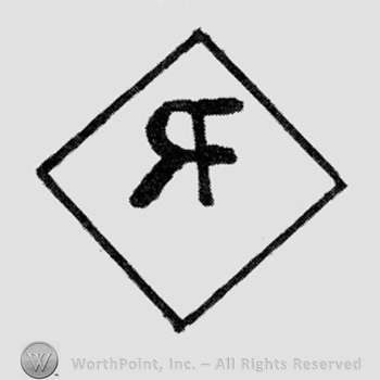 Monogram of initials "R F" inside a diamond shape