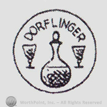 Drink bottle between two glasses. "Dorflinger" written above, inside circle