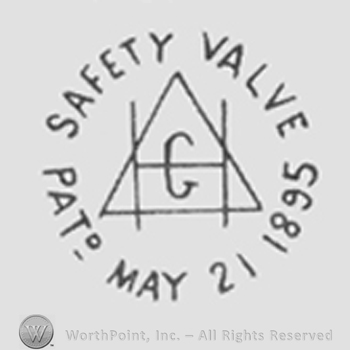 Letter "H" over "G" in a triangle. Writings around: "Safety Valve , Pat. May 21 1895"