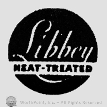 "Libbey" written above, "Heat-Treated" written below inside white frame, all inside black circle