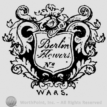 Handwriting Berlin Flowers No on a shield surrounded by laurels and flowers and initials WA&S beneath