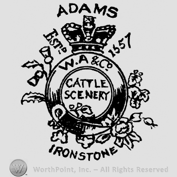 Writing Adams above crown Estb and 1657 left and right and circular label beneath with initials WA&Co surrounding Cattle Scenery and writing Ironstone under all and flowers around label