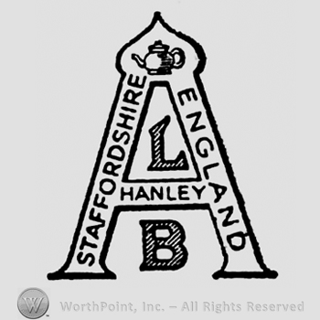 Stylish initial A with writings on: Staffordshire on the left leg, England on the right leg, a tea pot above, Hanley on the middle line of the letter A. Initial L above the middle line, B beneath it