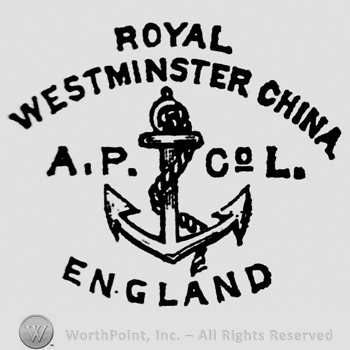 Royal Westminster China curved written on two curved lines above anchor with rope. A.P. on the left, Co L. on the right, England curved written below anchor