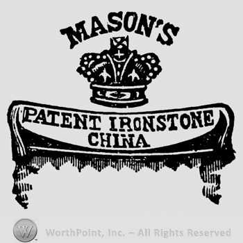 Mason's bold and curved written on top, crown with two white fleur-de-lis, frame with writings below: Patent Ironstone, China
