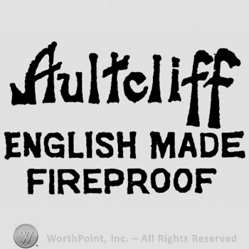 Bold hand lettered name above: Aultcliff. Capital written below on two rows: English Made Fireproof