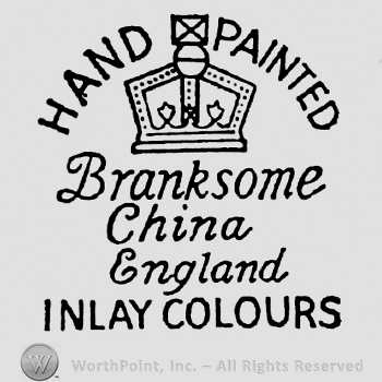 Hand Painted curved written on top, crown containing two fleur-de-lis and small pearls below. Branksome China England stylish handwritten, Inlay colours capital written, all on four rows
