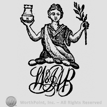 Local woman with an olive branch in her left hand, a pot in her right hand. Stylish initials handwritten below: W. & J. A. B.