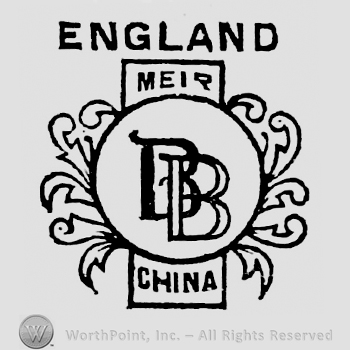 England large capital written on top, monogram of initials B B inside circle, surrounded by leafs. Meir written inside a rectangular frame above, China below