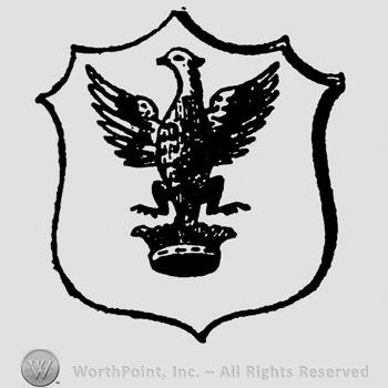 Eagle, head turned left, wings raised. Crown below, all inside a shield