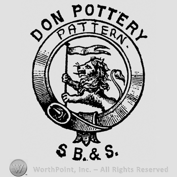Lion holding a flag inside a small circle. Pattern written above, ribs below inside a larger circle. Don Pottery written above, outside circle, S B. & S. written below
