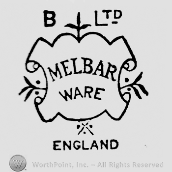 Melbar Ware written on a frame, olive branches on left and right sides, fleur-de-lis above. B on the left , Ltd. on the right on top. England written beneath all