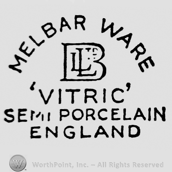 Melbar Ware curved written on top, L Ltd written inside capital B. Vitric  between quotation marks, Semi Porcelain England written below on three rows