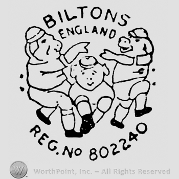 Biltons England curved written on top, on two rows, Reg. No. 802240 written below. Three humanized pigs playing in the centre