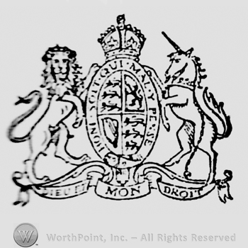 Lion and unicorn holding an oval panel with inscription, crown on top. Dieu et mon droit written on a ribbon below