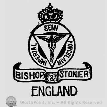 Sword with wings, two snakes wrapped on the sword inside triangle, over circular panel with writings: Semi above, Imperial Porcelain below, crown on top. Ribbon below circular panel with inscription: Bishop & Stonier. England written below all