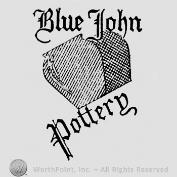 Blue John stylish written on top. Potters stylish written on a slanted line on the bottom. Image of a amphor in the centre