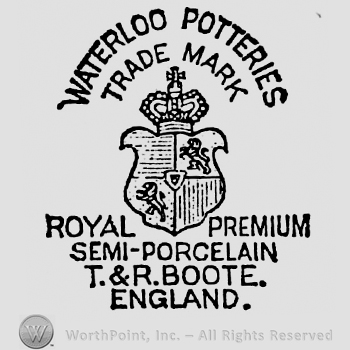 Waterloo Potteries Trade Mark curved written on top, on two rows. Shield divided in four segments, two of the including a lion on two feet and one including horizontal ribbing, one including vertical ribbing. Royal Premium Semi-Porcelain T. & R. Boote. England. Written below, on four rows