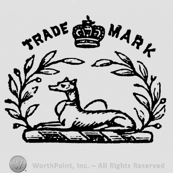 Dog sitting between two curved branches of olive. Crown above, Trade on the left, Mark on the right